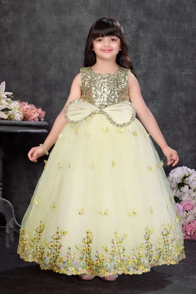 Yellow Butterfly Embroidered Party Wear Gown For Girls